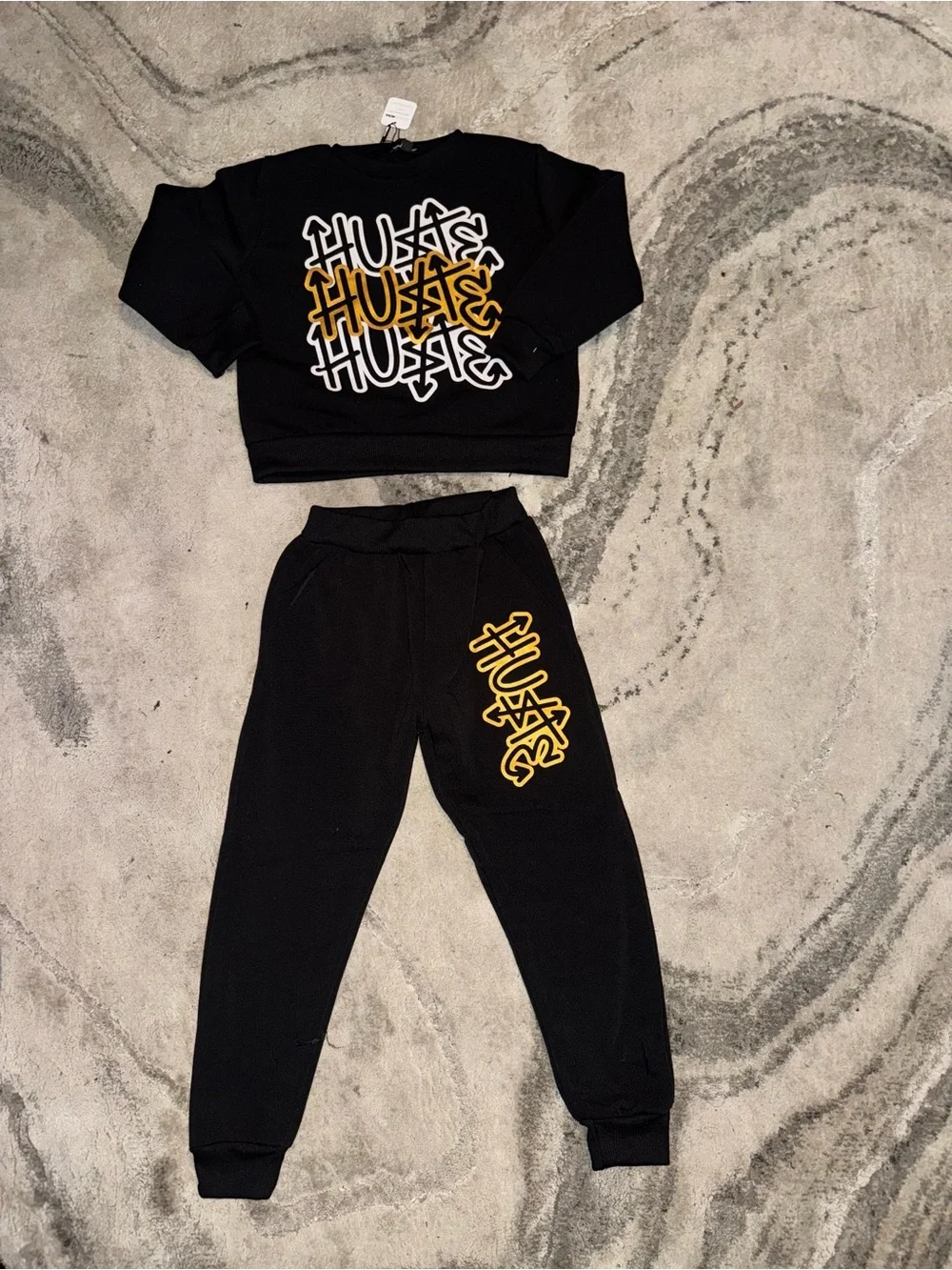 Fashion Nova Kids Black Jogger & Sweatshirt Set with Yellow Graphic